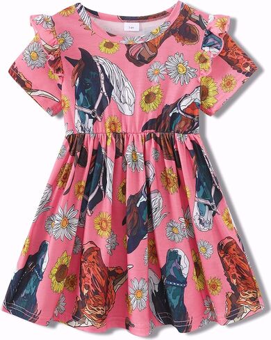 Toddler Girls Cute Print Summer Dresses Little Girl Ruffle Sleeve Twirly Swing Kids Dress with Pockets in Kuwait