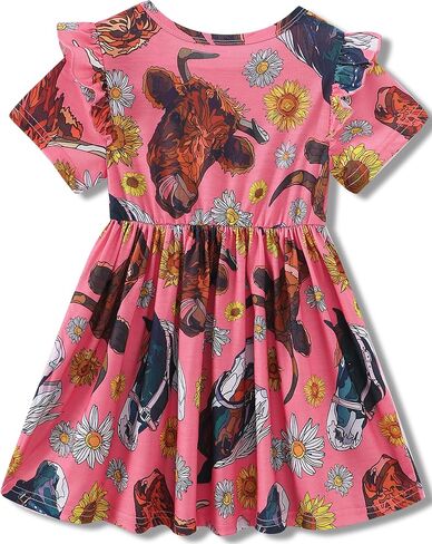 Toddler Girls Cute Print Summer Dresses Little Girl Ruffle Sleeve Twirly Swing Kids Dress with Pockets in Kuwait