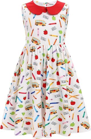 ODASDO Girls Back to School Dress Pencil Printed Causal Sleeveless A-line Swing Twirly Dress Kids First Day of School Clothes in Saudi Arabia