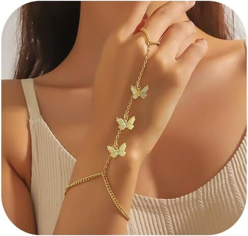 أسوار سلسلة اليد الذهبية للنساء 14K سوار خاتم الذهب سلسلة اليد لؤلؤة الفراشة خاتم السوار المجوهر in Kuwait