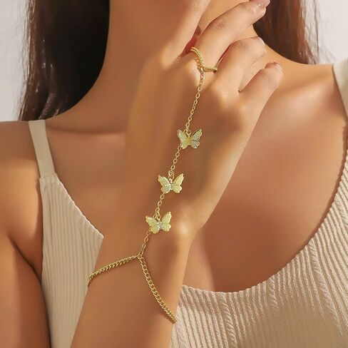 أسوار سلسلة اليد الذهبية للنساء 14K سوار خاتم الذهب سلسلة اليد لؤلؤة الفراشة خاتم السوار المجوهر in Kuwait
