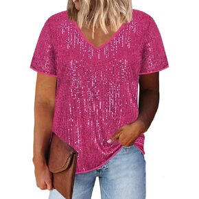 زائد قمم الترتر للنساء القمصان الحفلات الأكمام القصيرة وميض الصيف زفاف V الرقبة بلوزة كبيرة الحجم XL-4XL in Kuwait