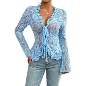 Women's V Neck Lace Sheer Top Sexy Mesh See عبر القمصان المفتوحة التعادل الأمامي ببلوزات طويلة الأكمام Y2K الخروج من قمم in Kuwait