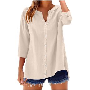 Button Down Shirts for Women 3/4 Sleeve Cotton Linen Roll up Short Sleeve Tops Casual Loose Fit V Neck Blouses in Saudi Arabia