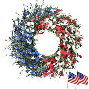 إكليل من الزهور البيضاء والأزرق 20 بوصة 4 يوليو أكاليل للباب الأمامي مع 12 فروع زهرة مشفرة ، يوم الاستقلال ، يوم تذكاري ، إكليل وطني للمنزل والشرفة in Kuwait