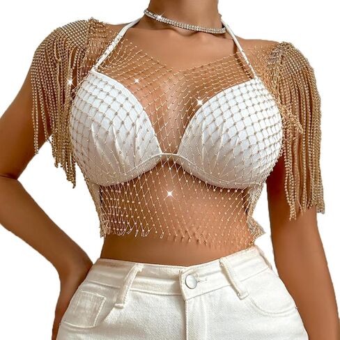 Women's Sheer Mesh Fringe Rhinestone Fishnet Top See Through Short Sleeve Cover up Blouses Party Club Rave Outfits in Saudi Arabia