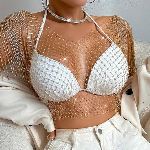 Women's Sheer Mesh Fringe Rhinestone Fishnet Top See Through Short Sleeve Cover up Blouses Party Club Rave Outfits in Saudi Arabia