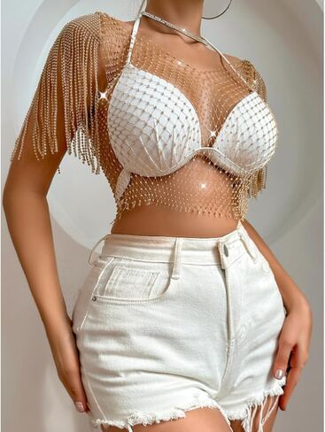 Women's Sheer Mesh Fringe Rhinestone Fishnet Top See Through Short Sleeve Cover up Blouses Party Club Rave Outfits in Saudi Arabia