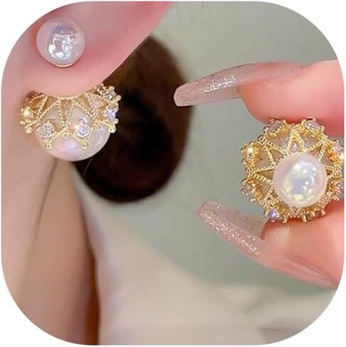 14K Gold Rhinestone Big Pearl Front Back Stud Earrings for Women,Dainty Double Side Geometry Beads Earrings,Grace Wedding Anniversary Jewelry Gifts in Saudi Arabia