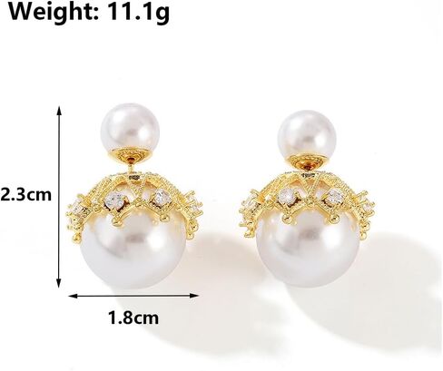 14K Gold Rhinestone Big Pearl Front Back Stud Earrings for Women,Dainty Double Side Geometry Beads Earrings,Grace Wedding Anniversary Jewelry Gifts in Saudi Arabia