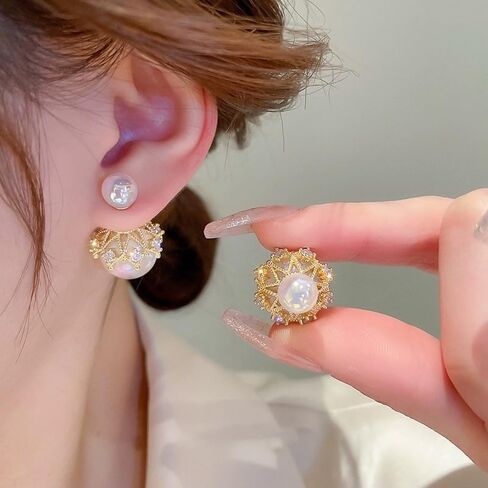 14K Gold Rhinestone Big Pearl Front Back Stud Earrings for Women,Dainty Double Side Geometry Beads Earrings,Grace Wedding Anniversary Jewelry Gifts in Saudi Arabia