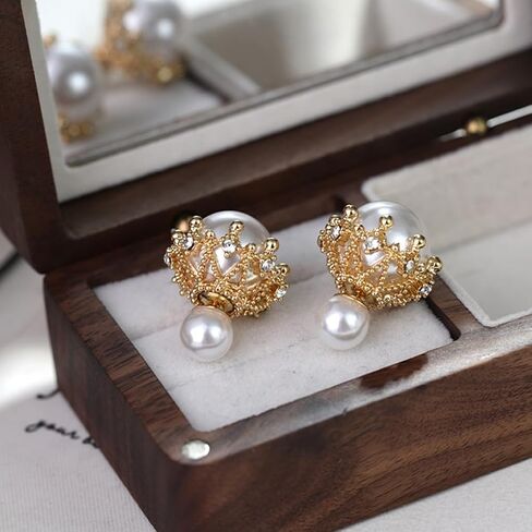 14K Gold Rhinestone Big Pearl Front Back Stud Earrings for Women,Dainty Double Side Geometry Beads Earrings,Grace Wedding Anniversary Jewelry Gifts in Saudi Arabia