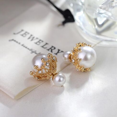 14K Gold Rhinestone Big Pearl Front Back Stud Earrings for Women,Dainty Double Side Geometry Beads Earrings,Grace Wedding Anniversary Jewelry Gifts in Saudi Arabia