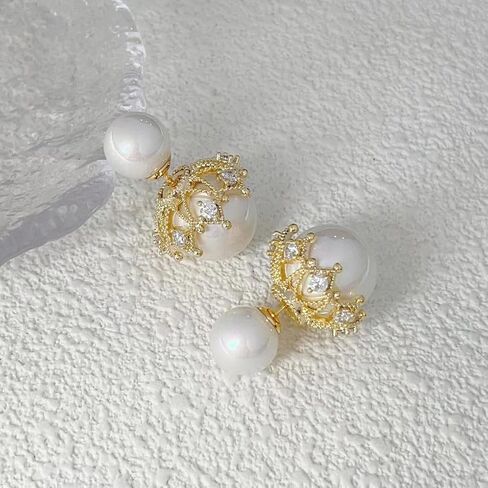 14K Gold Rhinestone Big Pearl Front Back Stud Earrings for Women,Dainty Double Side Geometry Beads Earrings,Grace Wedding Anniversary Jewelry Gifts in Saudi Arabia