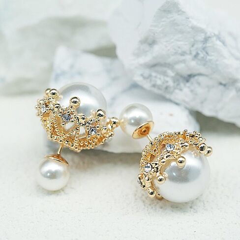 14K Gold Rhinestone Big Pearl Front Back Stud Earrings for Women,Dainty Double Side Geometry Beads Earrings,Grace Wedding Anniversary Jewelry Gifts in Saudi Arabia