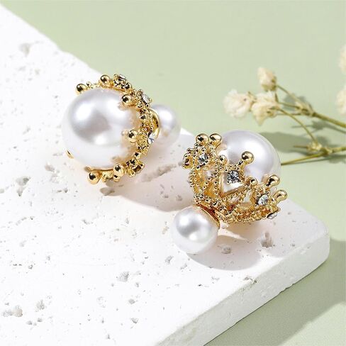 14K Gold Rhinestone Big Pearl Front Back Stud Earrings for Women,Dainty Double Side Geometry Beads Earrings,Grace Wedding Anniversary Jewelry Gifts in Saudi Arabia