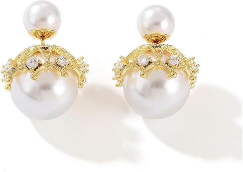 14K Gold Rhinestone Big Pearl Front Back Stud Earrings for Women,Dainty Double Side Geometry Beads Earrings,Grace Wedding Anniversary Jewelry Gifts in Saudi Arabia