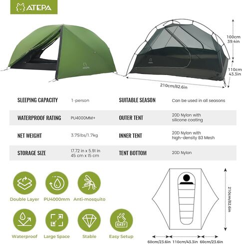 ATEPA Ultralight Backpacking Tent 2 Person, Nylon Lightweight 4000MM+ Waterproof Windproof Portable Two Person Tent with Aluminum Frame & Rainfly for Backpacking Hiking Camping Motorcycle, 4 Season in Saudi Arabia