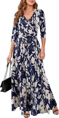 Yajedo Womens Casual Summer Maxi Dress Plus Size Sexy Warp V Neck 3/4 Sleeve Sundress with Poctets in Saudi Arabia