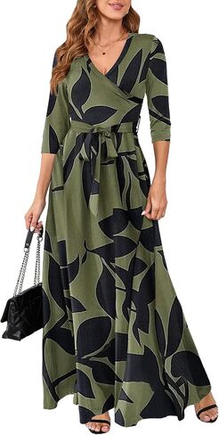 Yajedo Womens Casual Summer Maxi Dress Plus Size Sexy Warp V Neck 3/4 Sleeve Sundress with Poctets in Saudi Arabia