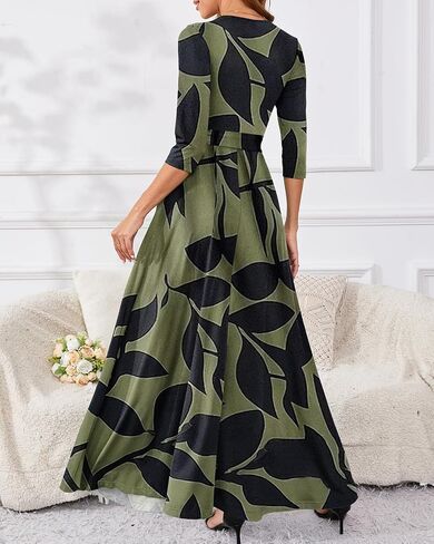 Yajedo Womens Casual Summer Maxi Dress Plus Size Sexy Warp V Neck 3/4 Sleeve Sundress with Poctets in Saudi Arabia