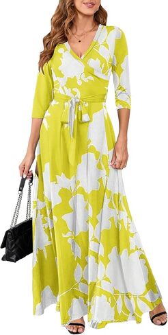Yajedo Womens Casual Summer Maxi Dress Plus Size Sexy Warp V Neck 3/4 Sleeve Sundress with Poctets in Saudi Arabia