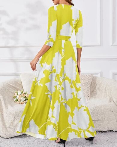 Yajedo Womens Casual Summer Maxi Dress Plus Size Sexy Warp V Neck 3/4 Sleeve Sundress with Poctets in Saudi Arabia