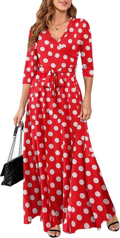 Yajedo Womens Casual Summer Maxi Dress Plus Size Sexy Warp V Neck 3/4 Sleeve Sundress with Poctets in Saudi Arabia