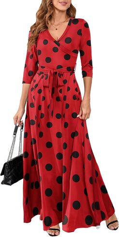 Yajedo Womens Casual Summer Maxi Dress Plus Size Sexy Warp V Neck 3/4 Sleeve Sundress with Poctets in Saudi Arabia
