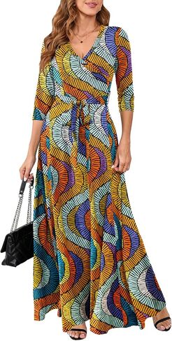 Yajedo Womens Casual Summer Maxi Dress Plus Size Sexy Warp V Neck 3/4 Sleeve Sundress with Poctets in Saudi Arabia