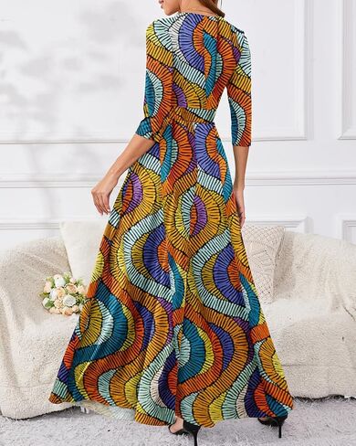 Yajedo Womens Casual Summer Maxi Dress Plus Size Sexy Warp V Neck 3/4 Sleeve Sundress with Poctets in Saudi Arabia