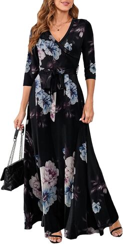 Yajedo Womens Casual Summer Maxi Dress Plus Size Sexy Warp V Neck 3/4 Sleeve Sundress with Poctets in Saudi Arabia