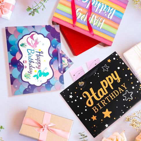 Mstar Packing 3 PCS 13" Large Happy Birthday Gift Bag with Tissue Paper, Greeting Card and Handles for Girls Kids Women Birthday Party (Colourful Balloon, Mermaid and Colorful Stripes) in Saudi Arabia