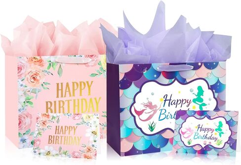 Mstar Packing 3 PCS 13" Large Happy Birthday Gift Bag with Tissue Paper, Greeting Card and Handles for Girls Kids Women Birthday Party (Colourful Balloon, Mermaid and Colorful Stripes) in Saudi Arabia