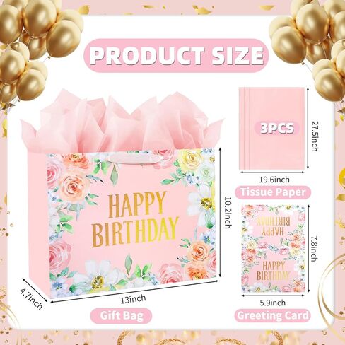 Mstar Packing 3 PCS 13" Large Happy Birthday Gift Bag with Tissue Paper, Greeting Card and Handles for Girls Kids Women Birthday Party (Colourful Balloon, Mermaid and Colorful Stripes) in Saudi Arabia