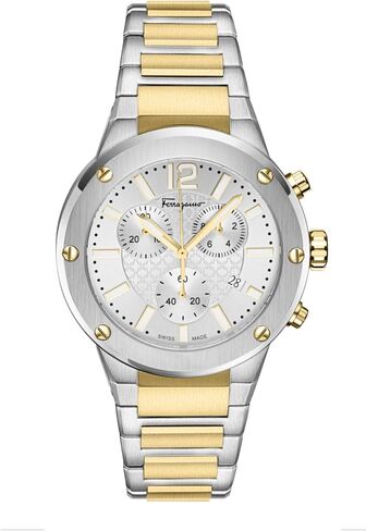 Ferragamo F-80 Chrono Collection Luxury Mens Watch Timepieces with a Two Tone Bracelet and Case Featuring a Silver Dial in Saudi Arabia