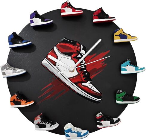 3D Wall Clock with 12 Mini Shoe Models, Decorative Sneaker Clock Basketball Shoe Clocks Gift for Boys & Girls Friends (Black-12) in Saudi Arabia
