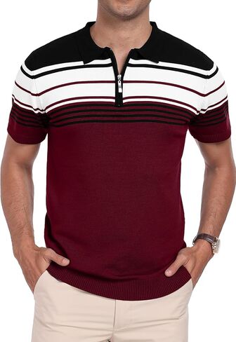 kuyigo men knit Zipper Collared Polo قمصان قصيرة الأكمام على النقيض من قمم مخططة قمم كلاسيكية تناسب قميص ناعم غير رسمي in Kuwait