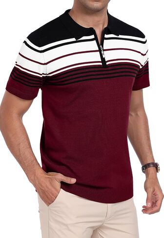 kuyigo men knit Zipper Collared Polo قمصان قصيرة الأكمام على النقيض من قمم مخططة قمم كلاسيكية تناسب قميص ناعم غير رسمي in Kuwait