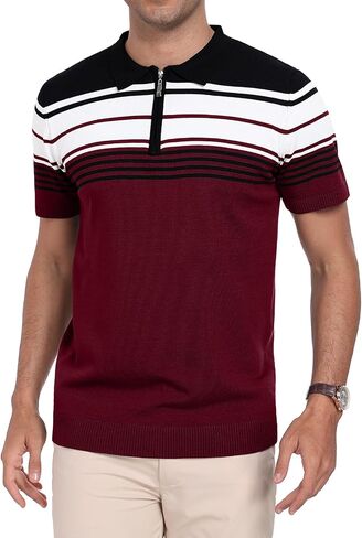 kuyigo men knit Zipper Collared Polo قمصان قصيرة الأكمام على النقيض من قمم مخططة قمم كلاسيكية تناسب قميص ناعم غير رسمي in Kuwait