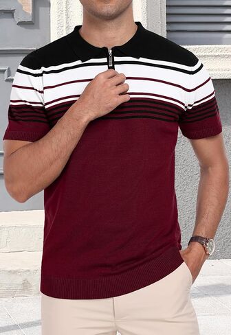 kuyigo men knit Zipper Collared Polo قمصان قصيرة الأكمام على النقيض من قمم مخططة قمم كلاسيكية تناسب قميص ناعم غير رسمي in Kuwait