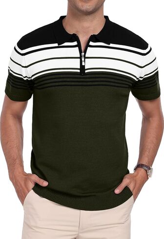kuyigo men knit Zipper Collared Polo قمصان قصيرة الأكمام على النقيض من قمم مخططة قمم كلاسيكية تناسب قميص ناعم غير رسمي in Kuwait