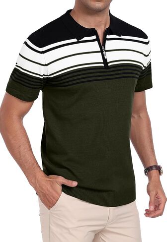 kuyigo men knit Zipper Collared Polo قمصان قصيرة الأكمام على النقيض من قمم مخططة قمم كلاسيكية تناسب قميص ناعم غير رسمي in Kuwait