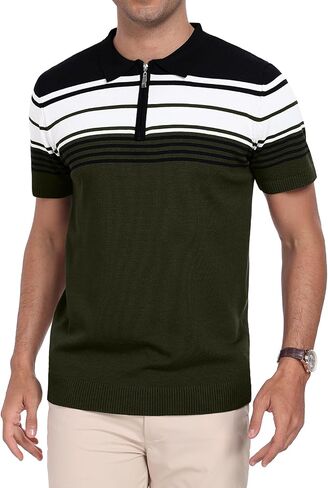 kuyigo men knit Zipper Collared Polo قمصان قصيرة الأكمام على النقيض من قمم مخططة قمم كلاسيكية تناسب قميص ناعم غير رسمي in Kuwait