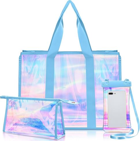 3 Pcs Large Waterproof Tote Beach Bags for Women Iridescent Foldable Bag Cosmetic Pouch Phone Pouch for Beach Pool in Saudi Arabia