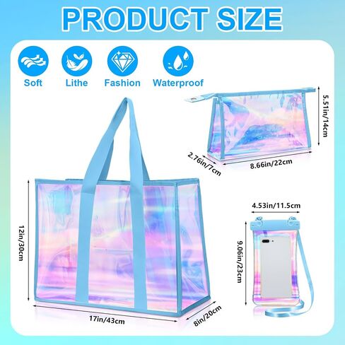 3 Pcs Large Waterproof Tote Beach Bags for Women Iridescent Foldable Bag Cosmetic Pouch Phone Pouch for Beach Pool in Saudi Arabia
