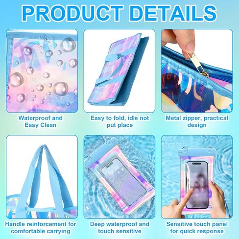 3 Pcs Large Waterproof Tote Beach Bags for Women Iridescent Foldable Bag Cosmetic Pouch Phone Pouch for Beach Pool in Saudi Arabia