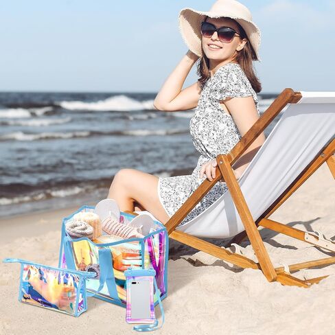 3 Pcs Large Waterproof Tote Beach Bags for Women Iridescent Foldable Bag Cosmetic Pouch Phone Pouch for Beach Pool in Saudi Arabia