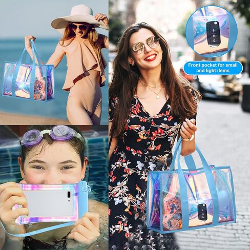 3 Pcs Large Waterproof Tote Beach Bags for Women Iridescent Foldable Bag Cosmetic Pouch Phone Pouch for Beach Pool in Saudi Arabia