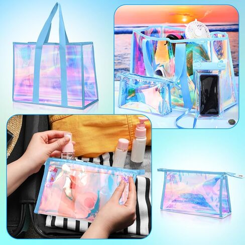 3 Pcs Large Waterproof Tote Beach Bags for Women Iridescent Foldable Bag Cosmetic Pouch Phone Pouch for Beach Pool in Saudi Arabia